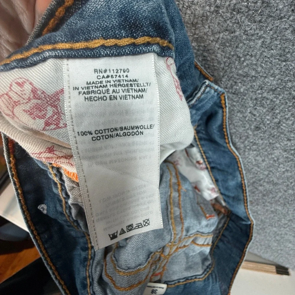 True Religion Slim Jeans Mens 38 Blue Contrast Stitch Horseshoe Denim Casual